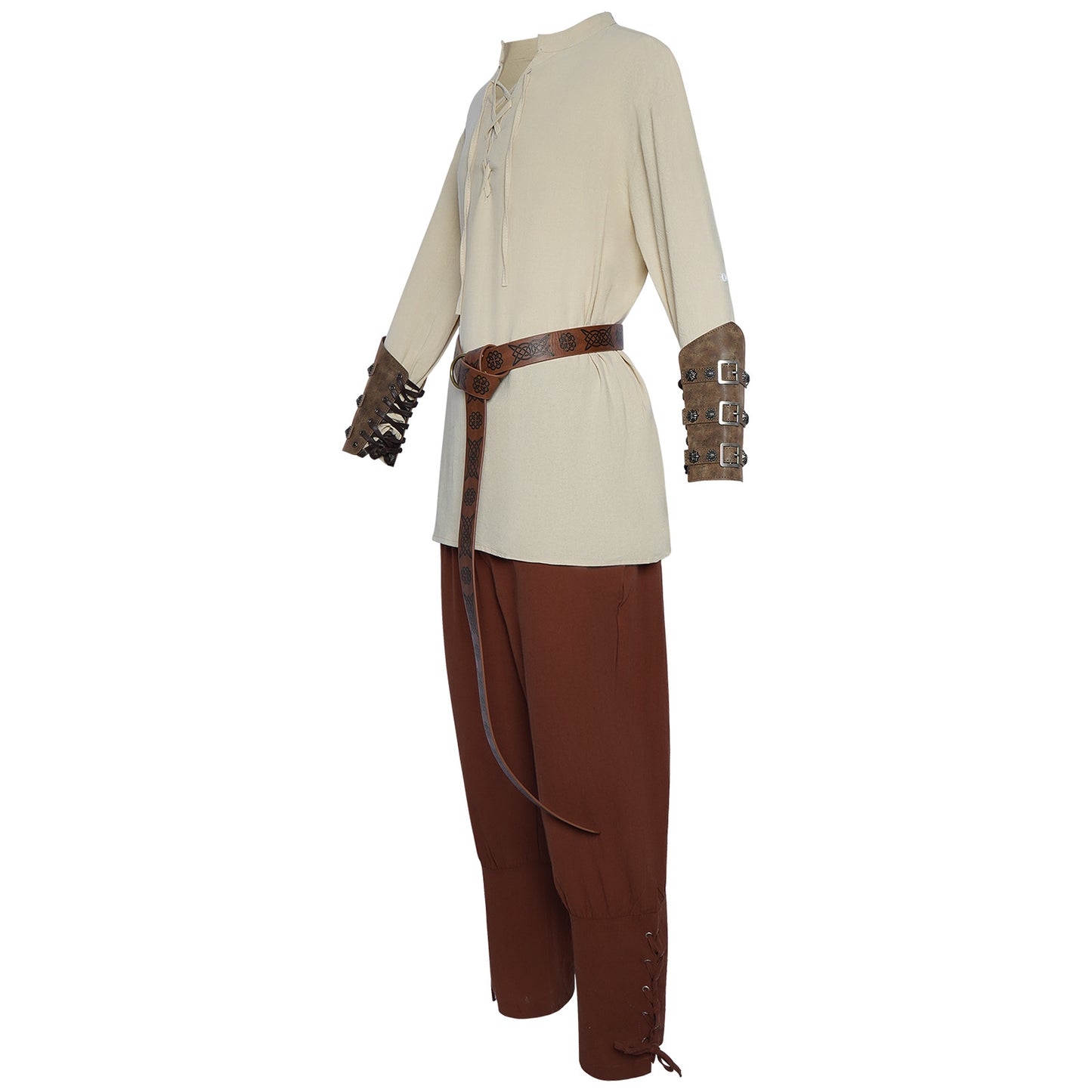 4 Pcs Halloween Men's Renaissance Costume Set Medieval Pirate Shirt Ankle Banded Pants Viking Belt Accessories