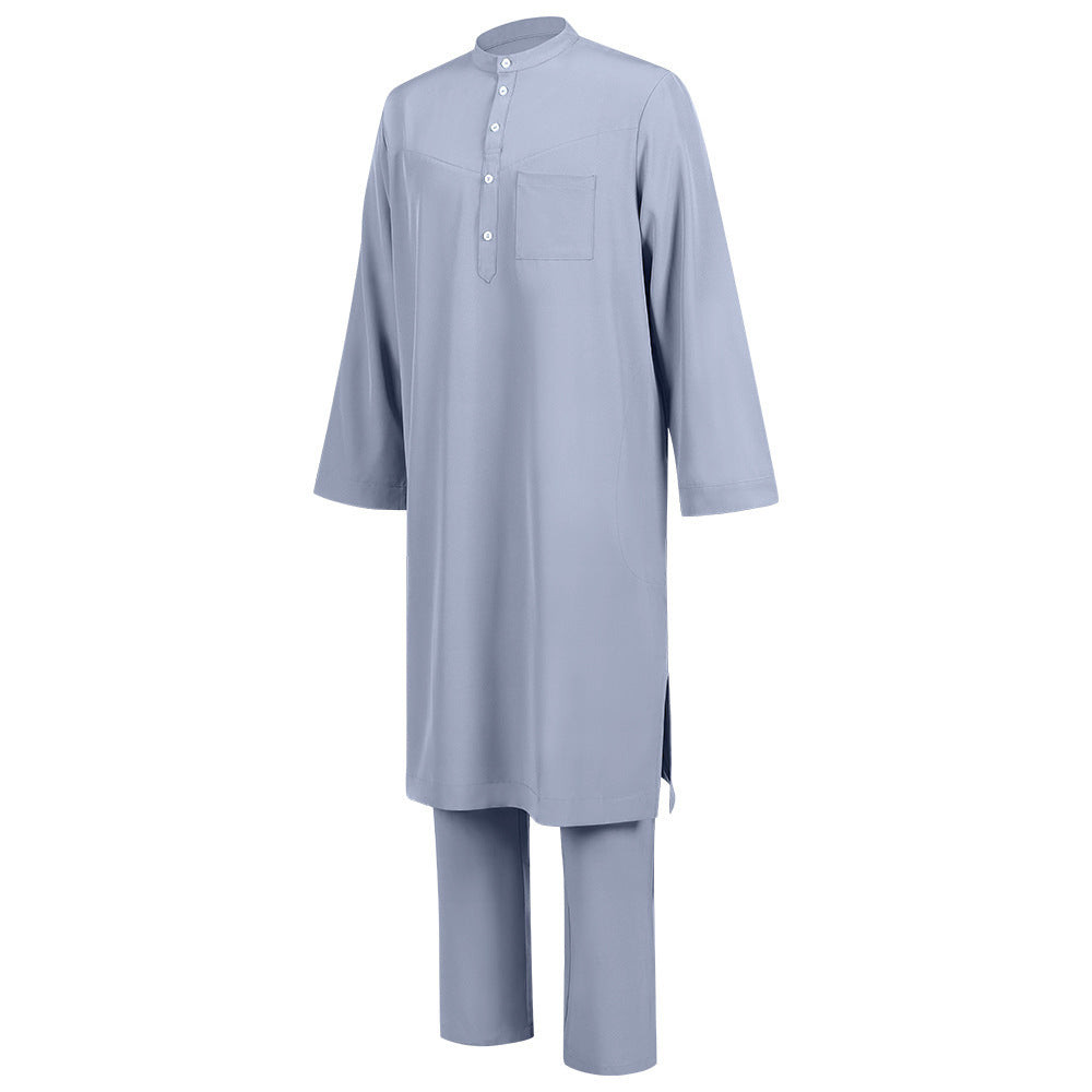 Men's Islamic Thobe Jubba Kandura Set with Sirwal Pants – Traditional Middle Eastern Muslim Robe Outfit Bisht