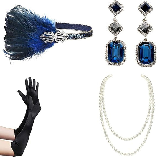 4-Piece Blue Flapper Costume Kit – 1920s Gatsby Accessories
