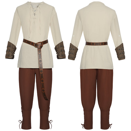 4 Pcs Halloween Men's Renaissance Costume Set Medieval Pirate Shirt Ankle Banded Pants Viking Belt Accessories