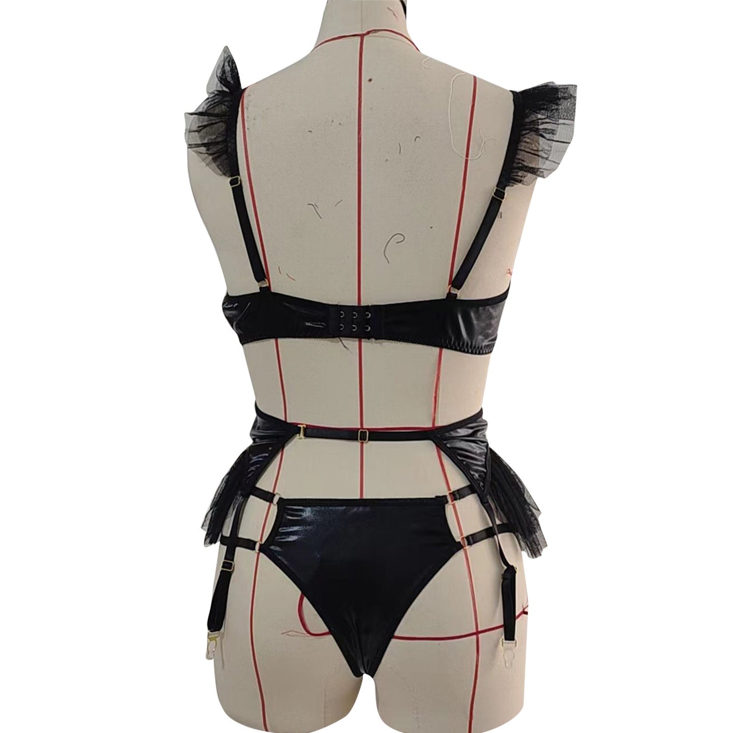 Sexy Patent Leather Mesh Fluffy Lingerie Three-piece Set