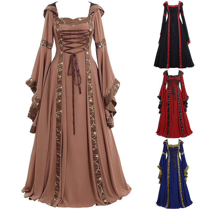 Women's Gothic Medieval Hooded Dress – Lace-Up Witch Fantasy Costume