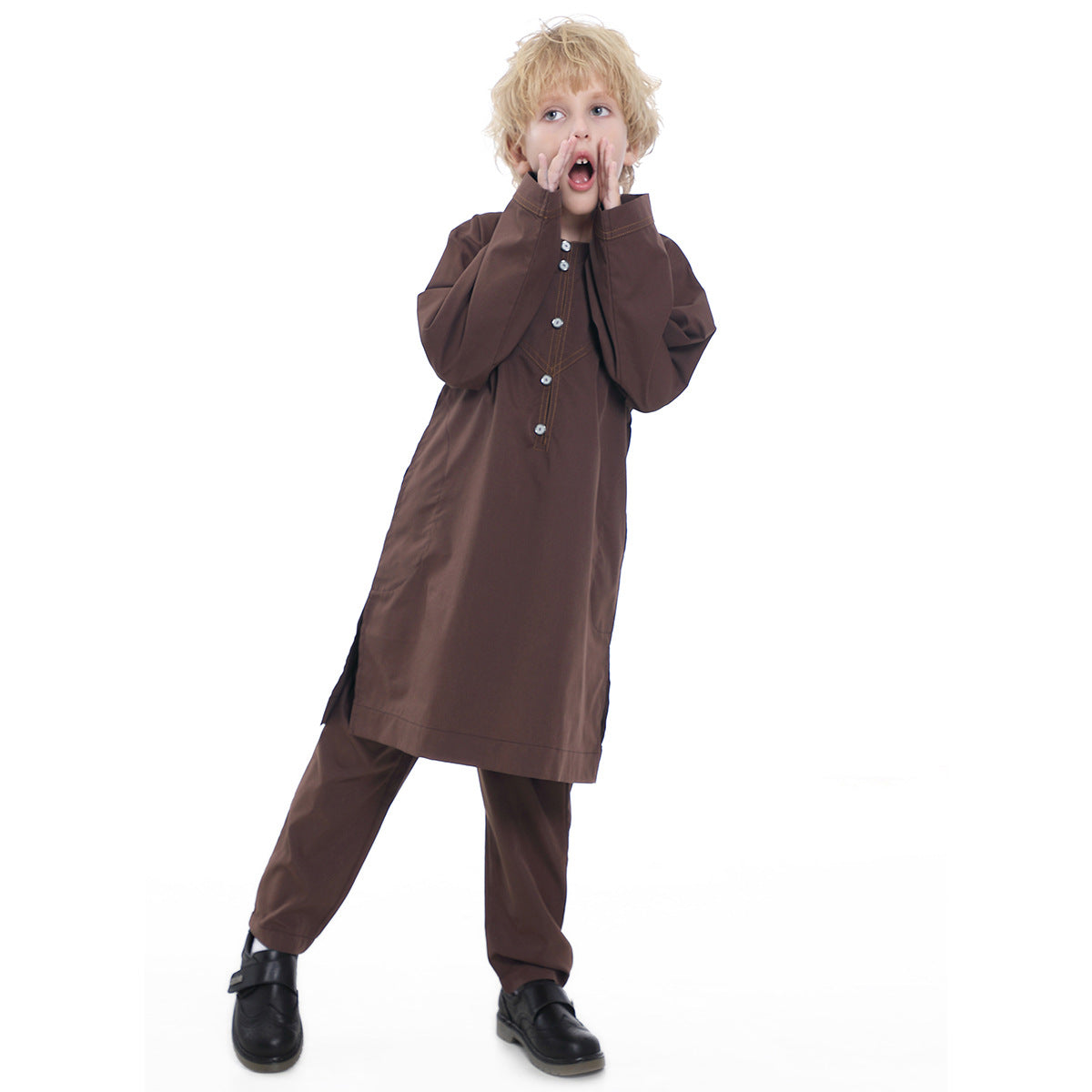 Boys' Thobe-Style Tunic & Pants Set – Middle Eastern Inspired Outfit