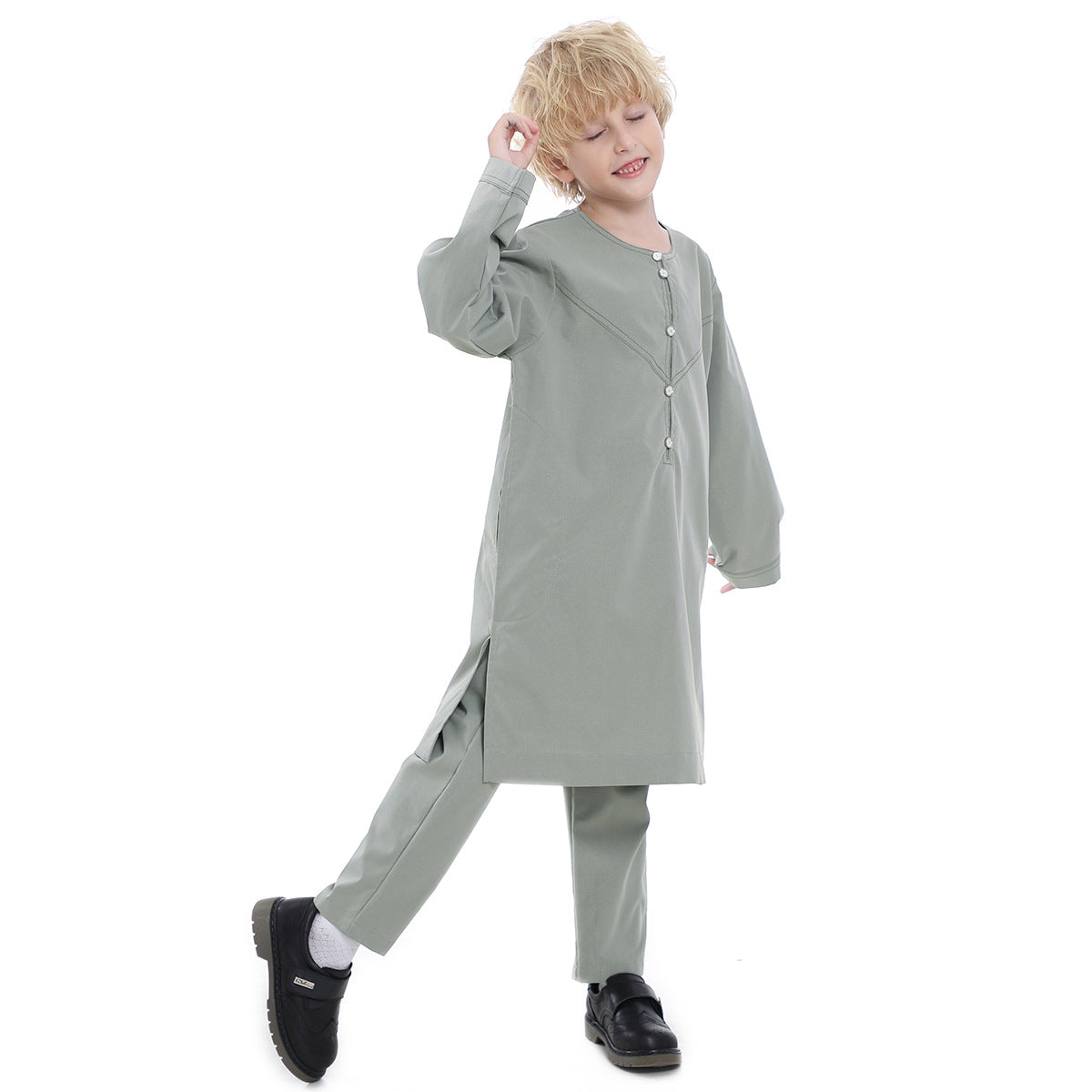 Boys' Thobe-Style Tunic & Pants Set – Middle Eastern Inspired Outfit