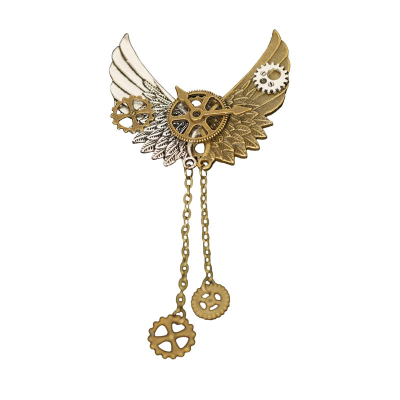 Steampunk Mechanical Wing Brooch Gear Clock Chain Jacket Lapel Pin