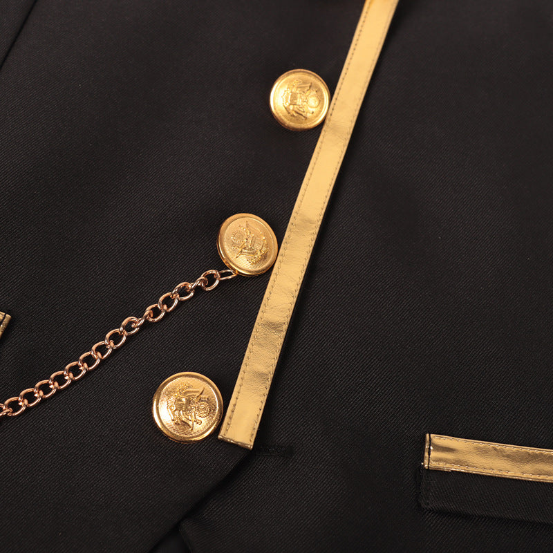 Men’s Fashion Chain Suit Vest – Stage Costume Waistcoat with Gold Trim Buttons