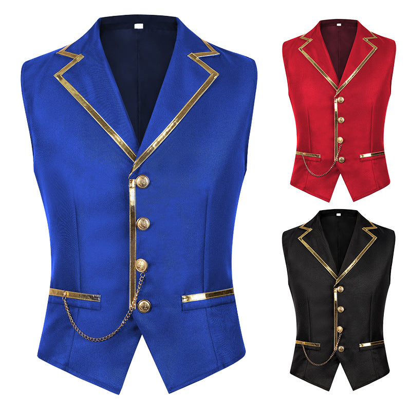 Men’s Fashion Chain Suit Vest – Stage Costume Waistcoat with Gold Trim Buttons
