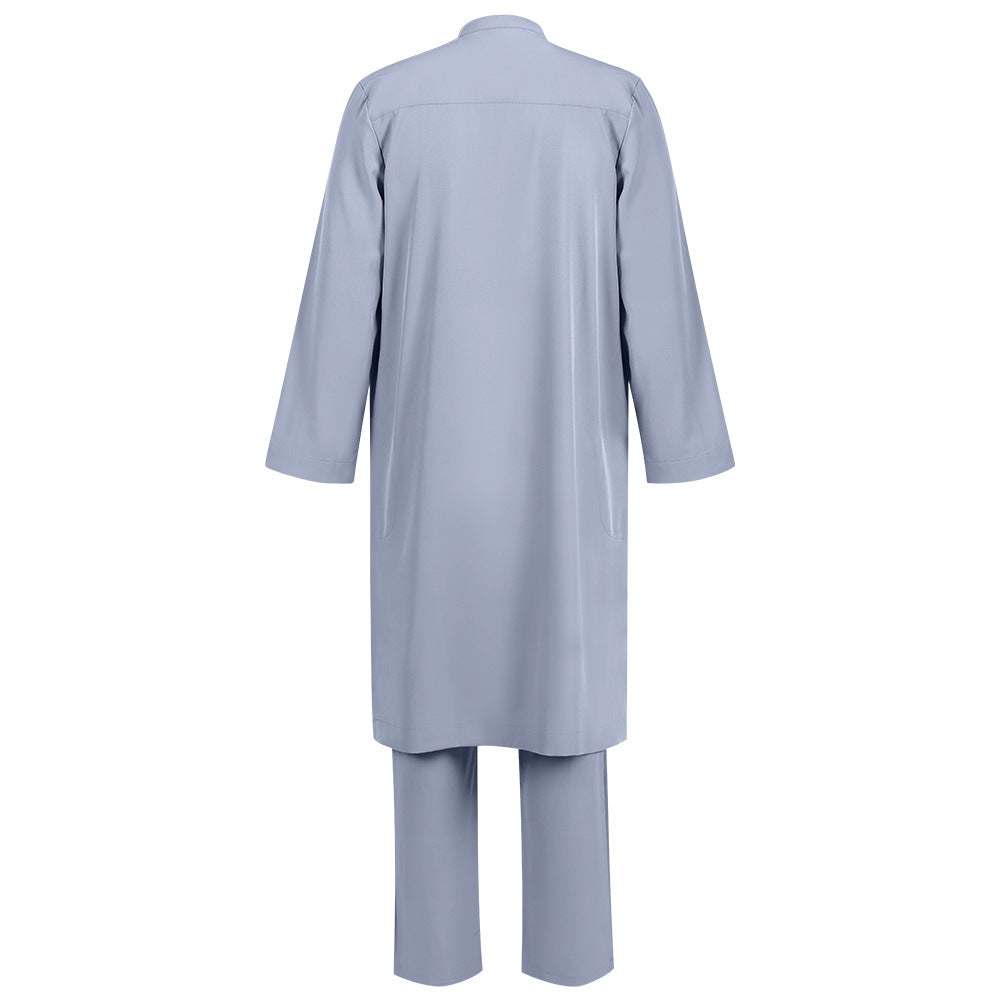 Men's Islamic Thobe Jubba Kandura Set with Sirwal Pants – Traditional Middle Eastern Muslim Robe Outfit Bisht