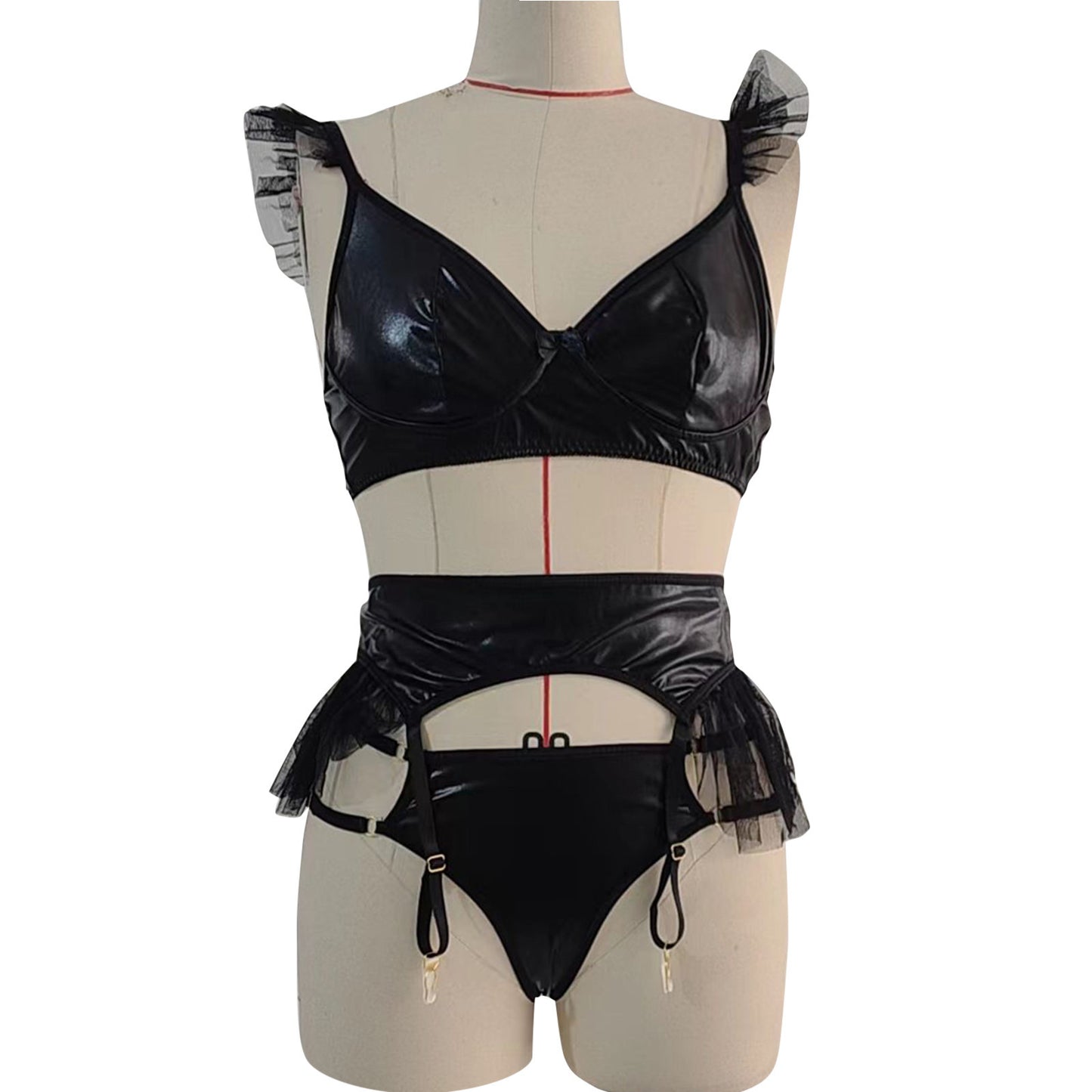 Sexy Patent Leather Mesh Fluffy Lingerie Three-piece Set