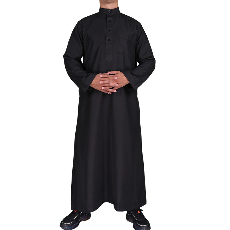 Mens Muslim Clothing Saudi Arab Long Sleeve Thobe Islamic Jubba Kaftan Long Robe Black