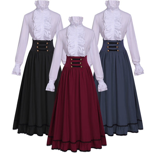 Victorian Ruffle Blouse & High Waist Long Skirt – Renaissance Costume Separates
