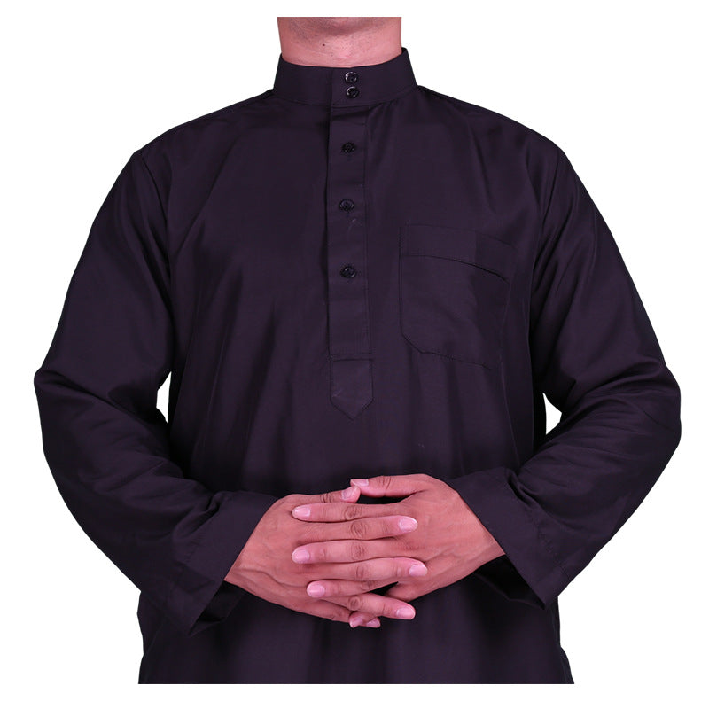 Mens Muslim Clothing Saudi Arab Long Sleeve Thobe Islamic Jubba Kaftan Long Robe Black