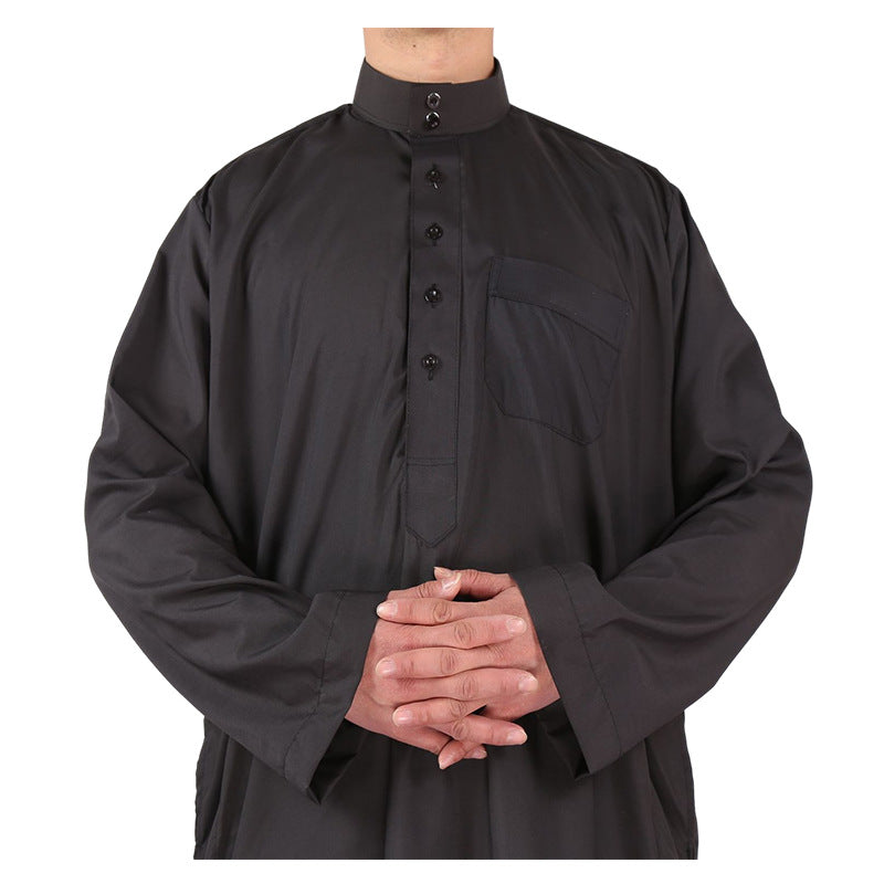 Mens Muslim Clothing Saudi Arab Long Sleeve Thobe Islamic Jubba Kaftan Long Robe Black