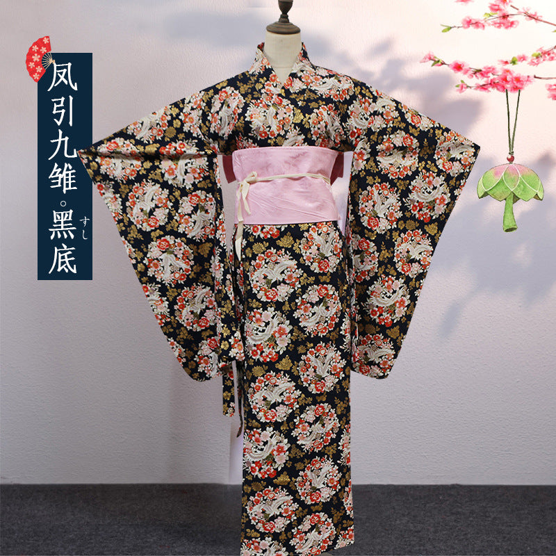 Japanese Women Kimono Robe – Cotton Yukata with Gold Foil Print, Traditional Home Loungewear