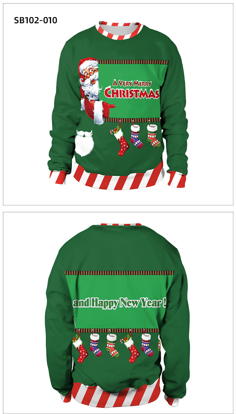 Santa Ugly Christmas Shirt 3D Print Graphic Women Men Christmas Long Sleeve Round Neck Top