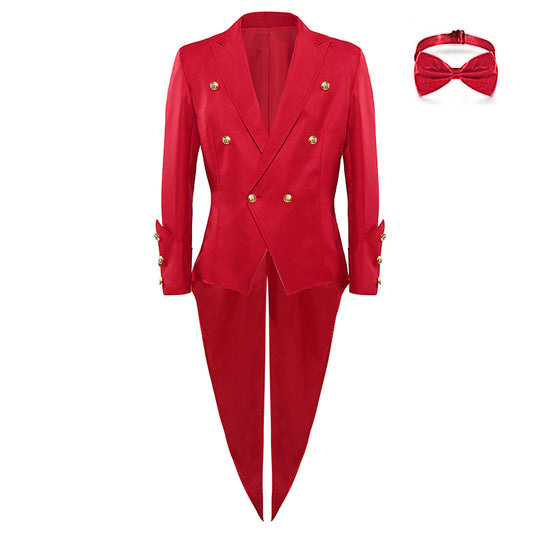 Christmas Medieval Vintage Clothing Mid length Swallowtail Dress Red Tailcoat for Men