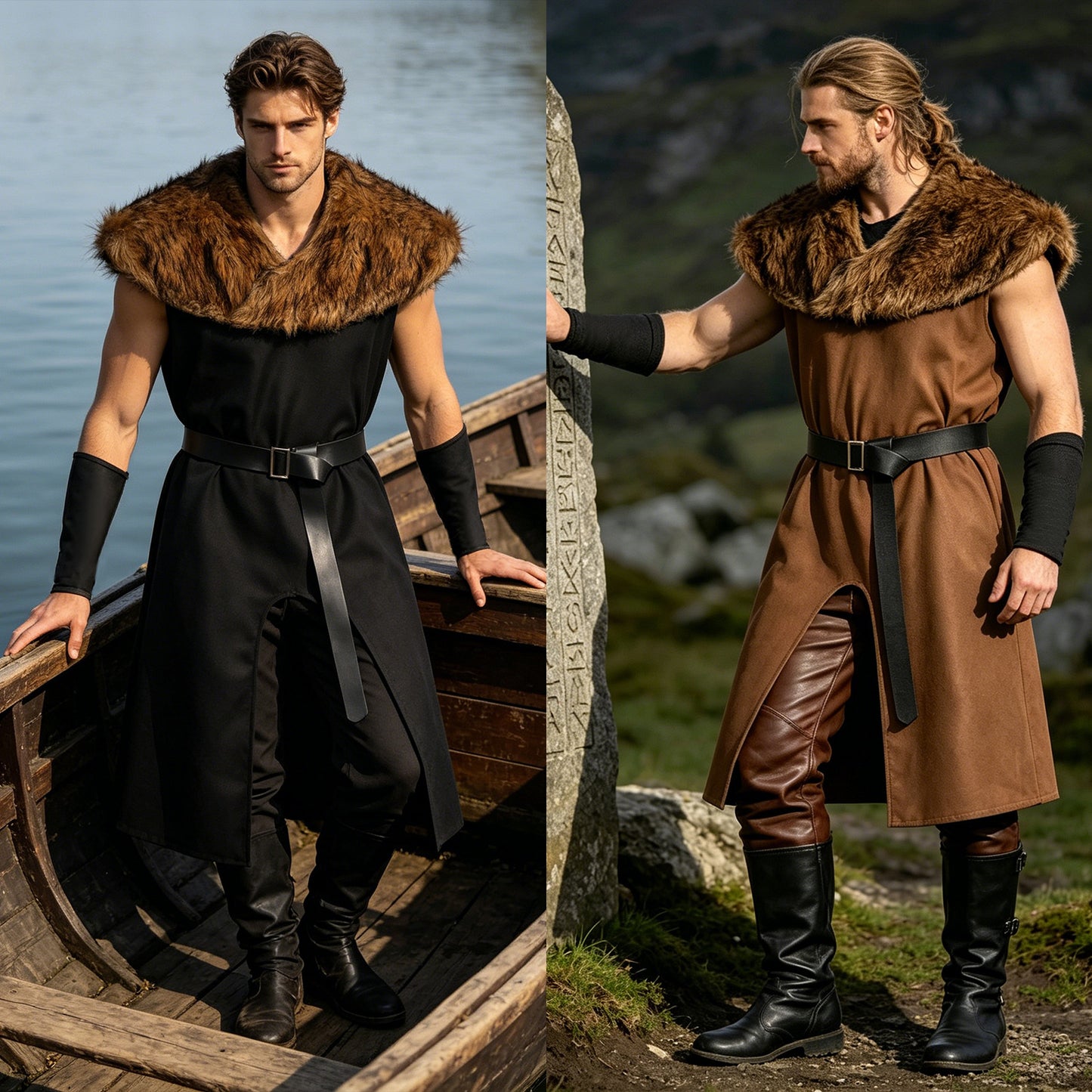 Renaissance Viking Costume for Men Faux Fur Collar Tunic Halloween Cosplay