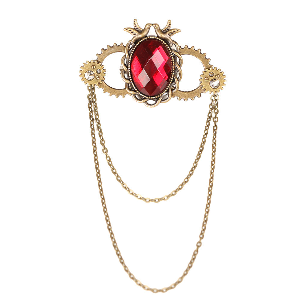 Steampunk Gear Wing Brooch Victorian Gothic Chain Lapel Pin Cosplay Accessory