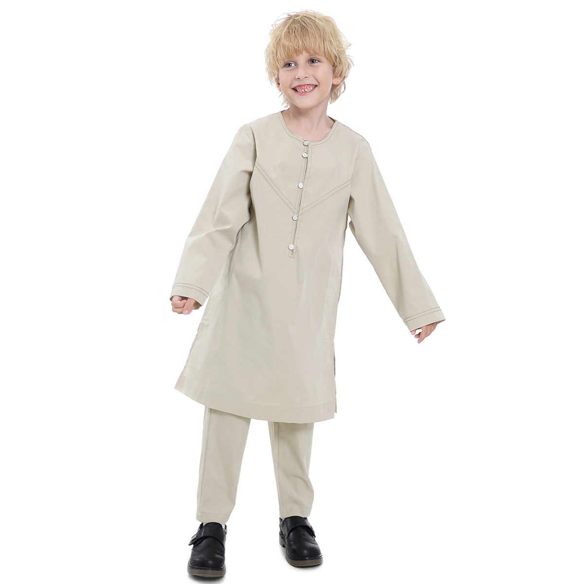 Boys' Thobe-Style Tunic & Pants Set – Middle Eastern Inspired Outfit