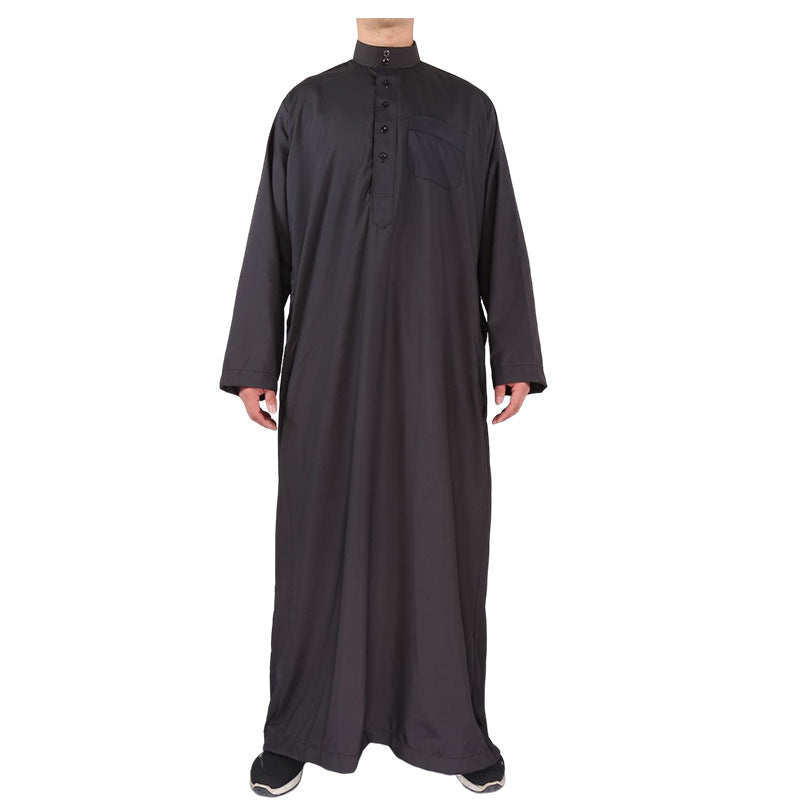 Mens Muslim Clothing Saudi Arab Long Sleeve Thobe Islamic Jubba Kaftan Long Robe Black