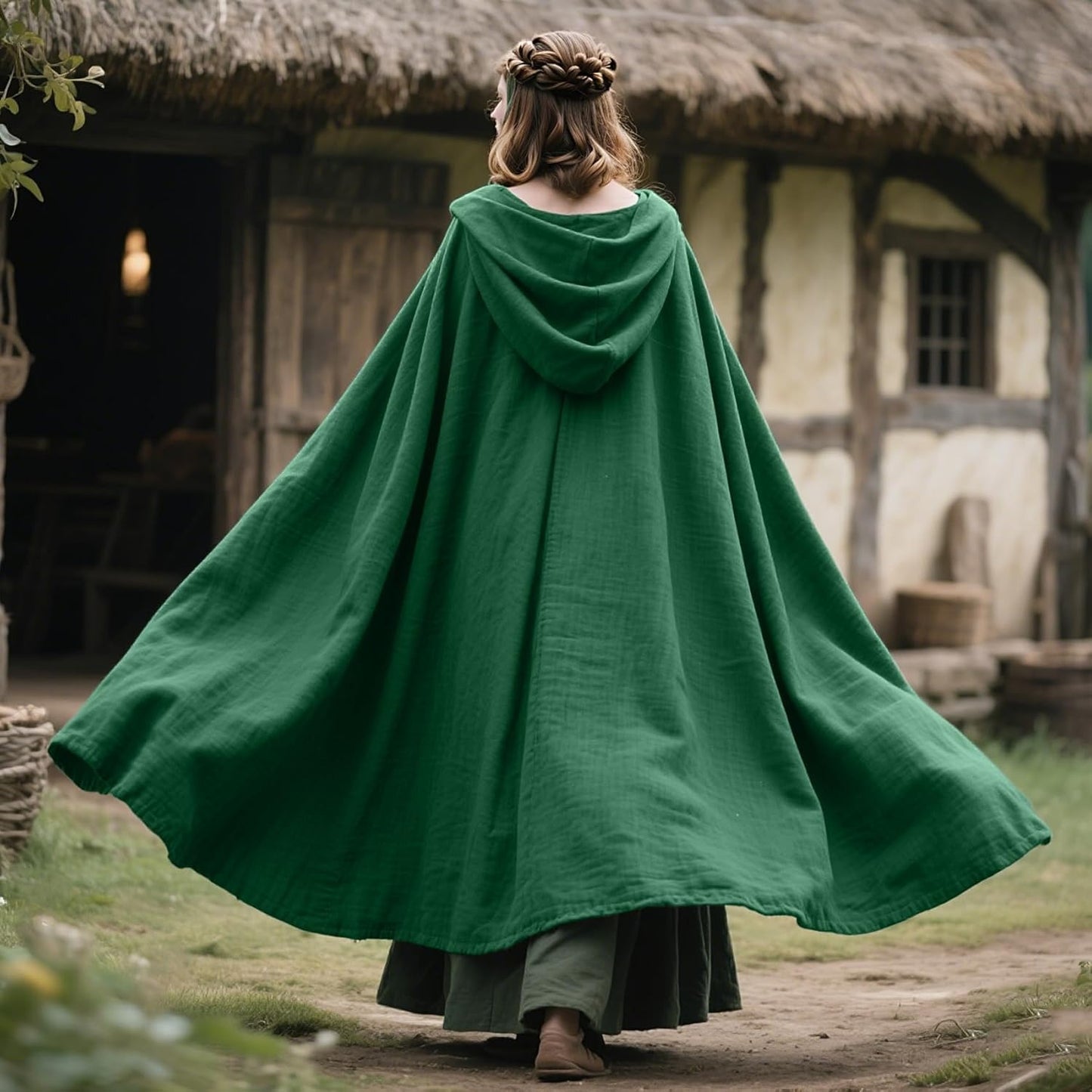 Medieval Ranger Cape Hooded Cloak Linen Shawl LARP Halloween Costume