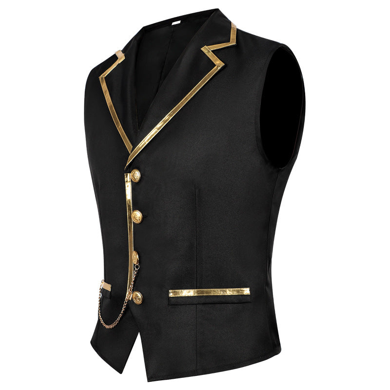 Men’s Fashion Chain Suit Vest – Stage Costume Waistcoat with Gold Trim Buttons MEEJOY