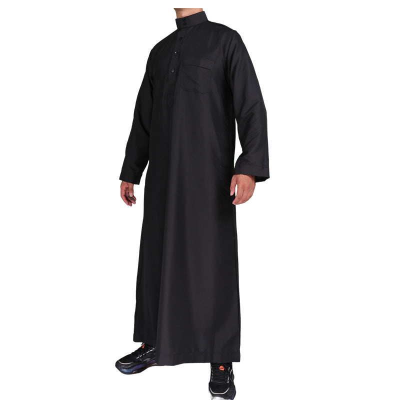 Mens Muslim Clothing Saudi Arab Long Sleeve Thobe Islamic Jubba Kaftan Long Robe Black