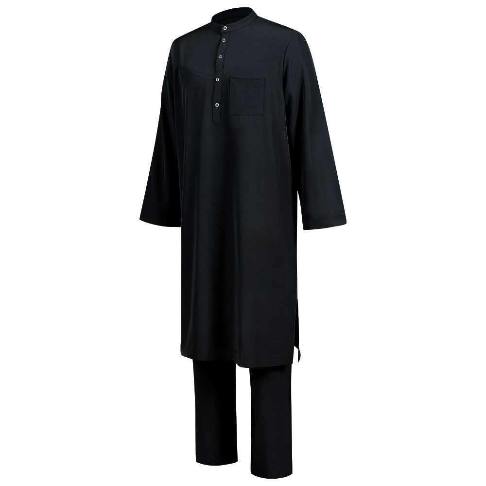 Men's Islamic Thobe Jubba Kandura Set with Sirwal Pants – Traditional Middle Eastern Muslim Robe Outfit Bisht