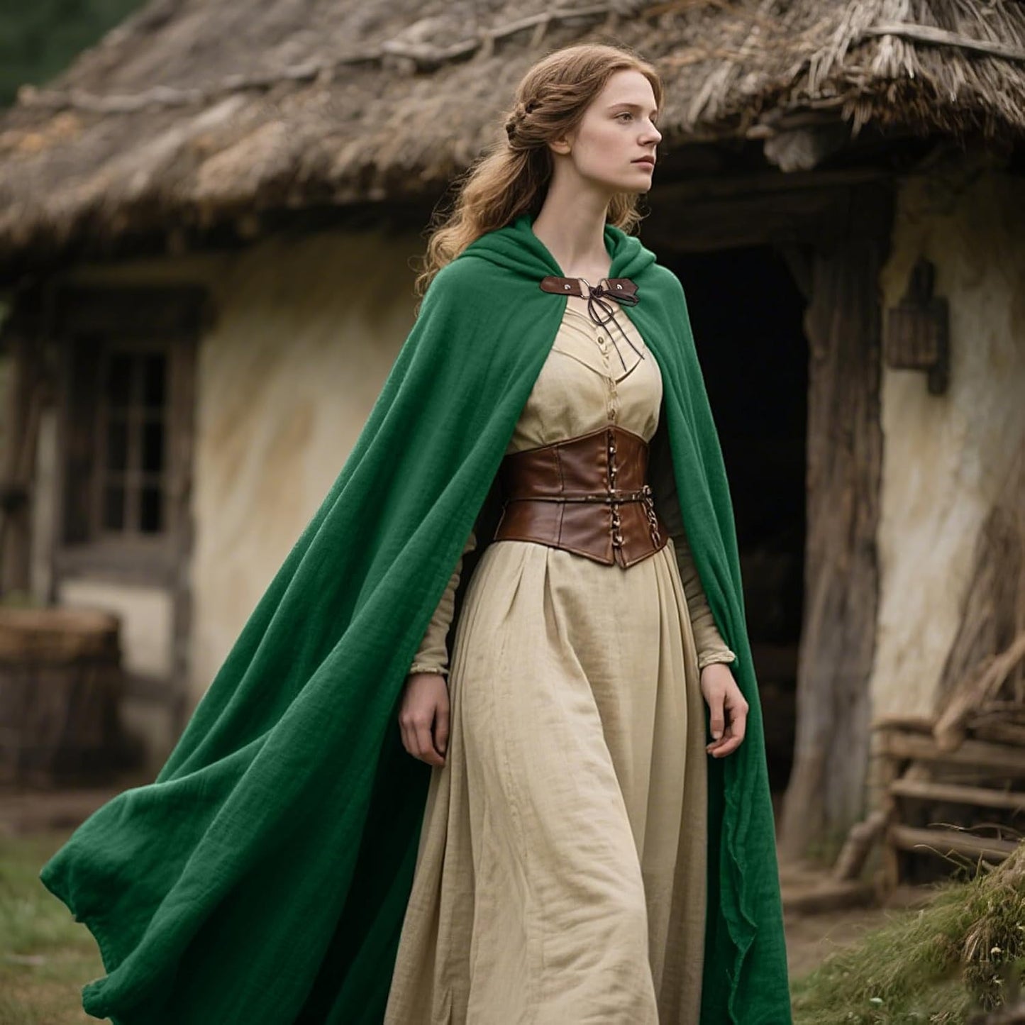 Medieval Ranger Cape Hooded Cloak Linen Shawl LARP Halloween Costume