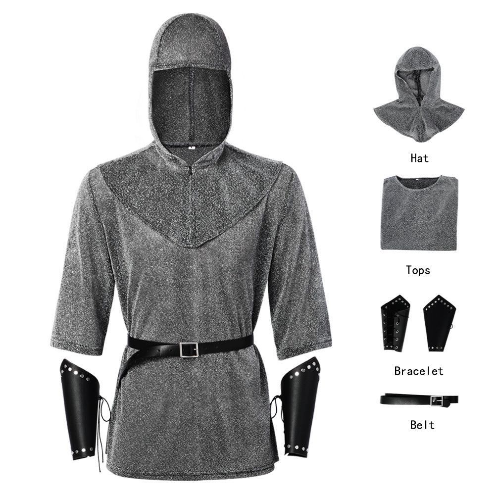 Medieval Knight Faux Chainmail Costume Mens Hood Tunic Belt Halloween LARP