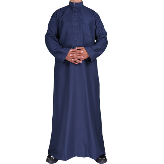 Mens Muslim Clothing Saudi Arab Long Sleeve Thobe Islamic Jubba Kaftan Long Robe Dark Blue