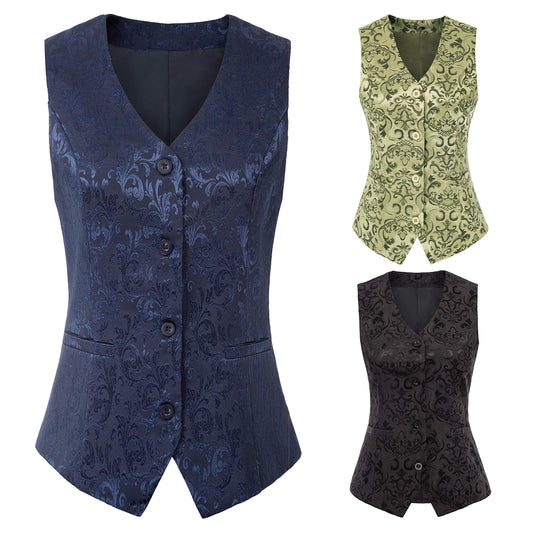 Plus Size Women Retro Jacquard Vest Steampunk Jacquard Vest Multi Color Party Costume Waistcoat