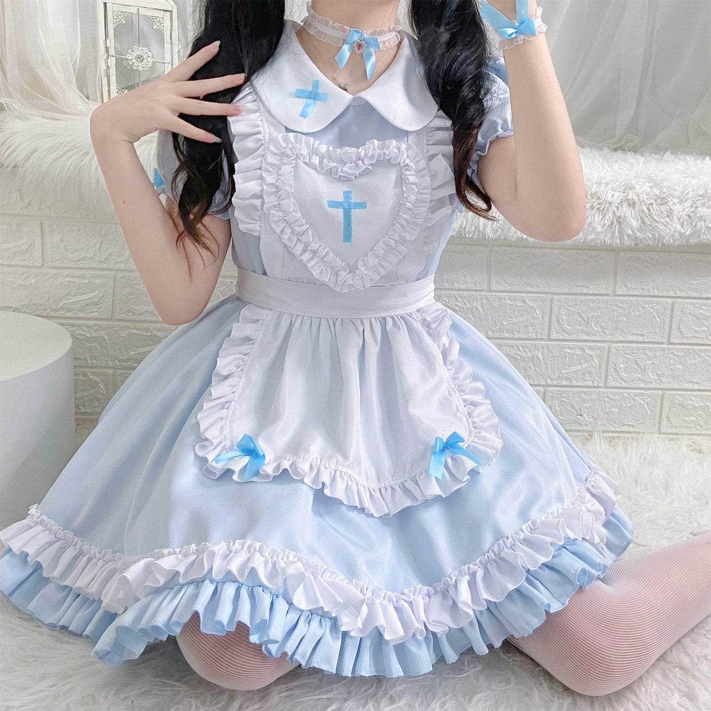 Japanese Anime Soft Girl Lolita Sky Blue Cross Maid Cosplay Dress