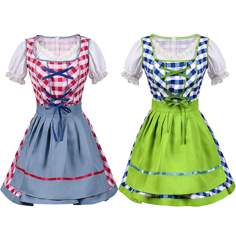 Womens Dirndl Dress Bavarian German Traditional Oktoberfest Beer Girls Costume Grid