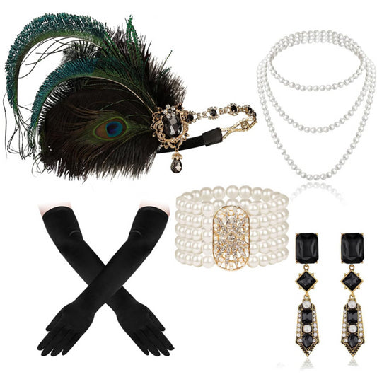 Black 1920s Gatsby Accessories Set – Peacock Feather Headband, Pearl Necklace, Gloves, Earrings, Bracelet