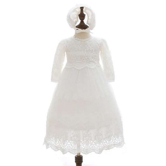 Elegant Lace Baby Christening Gown with Bonnet – Long Sleeve Baptism Blessing Dress for Girls, Infant Special Occasion Outfit for Church or Ceremony