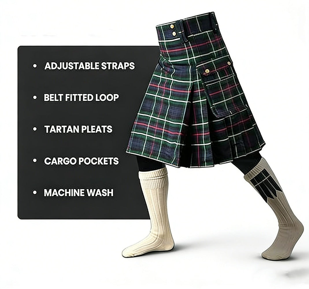 Mens Scottish Kilt Plaid Pleated Skirt Tartan Utility Costume Holiday Dress