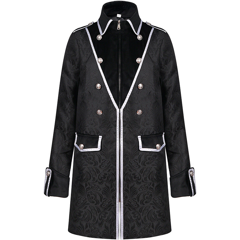 Medieval Men's Fashion Retro Coat with Stand Collar and Brocade Design Velvet Jacket