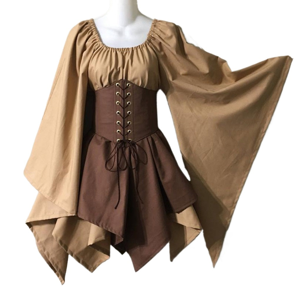 Trumpet Sleeve Long Sleeve Medieval Renaissance Dress Wrinkle-free Mock Two-piece