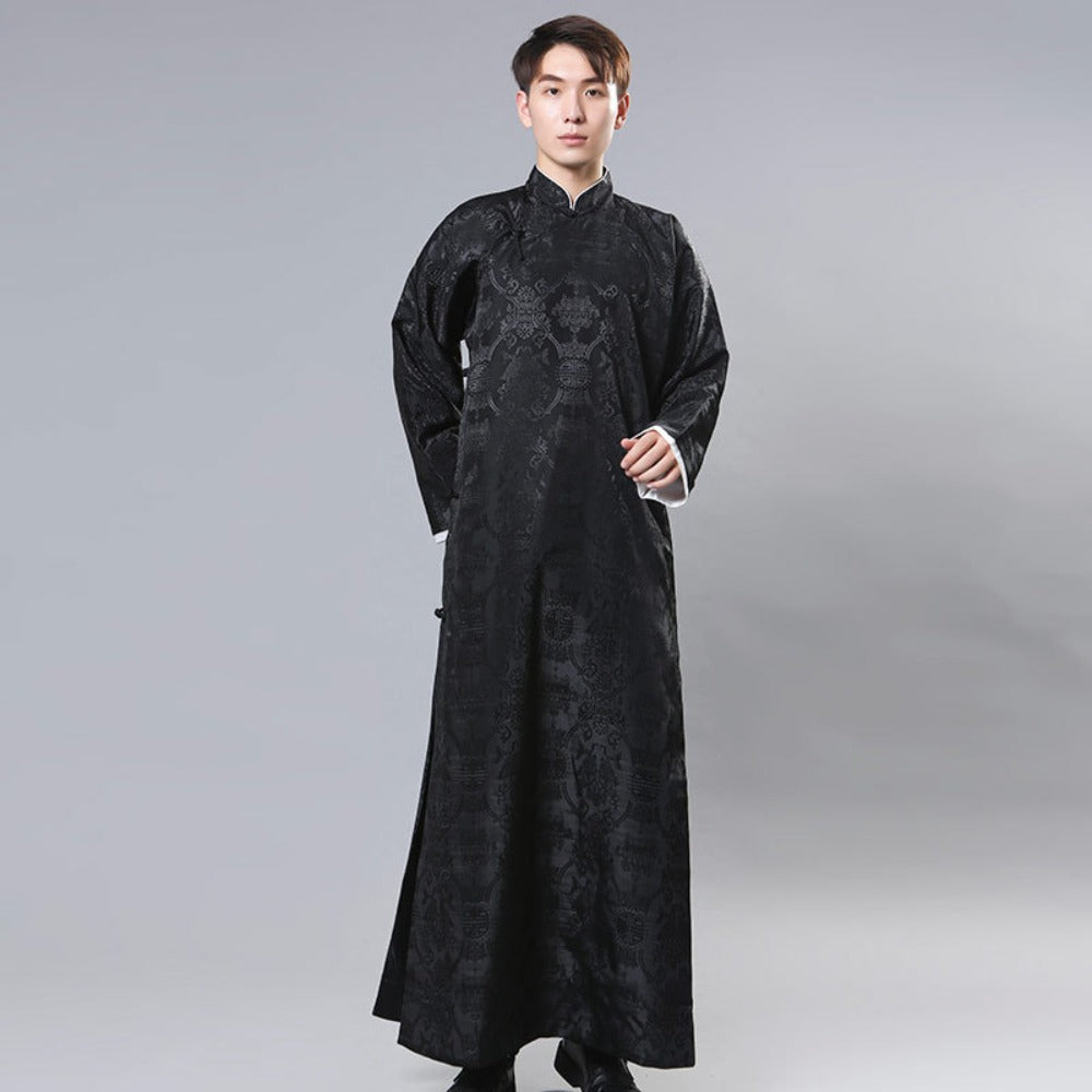 Mens Chinese Changshan Long Gown Groomsman Wedding Host Performance Robe