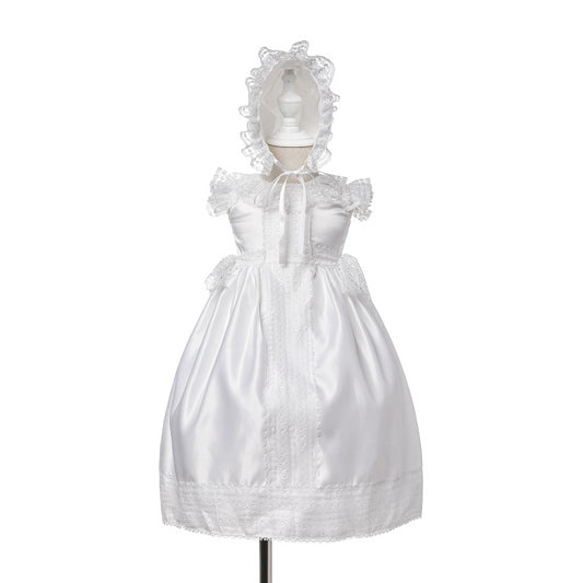 Baby Girl Long Satin Christening Gown – Lace Trim Princess Dress