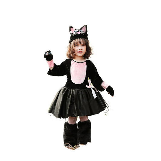 Girls Black Cat Costume Animal Zoo Party Kids Halloween Full Set Fancy Dress