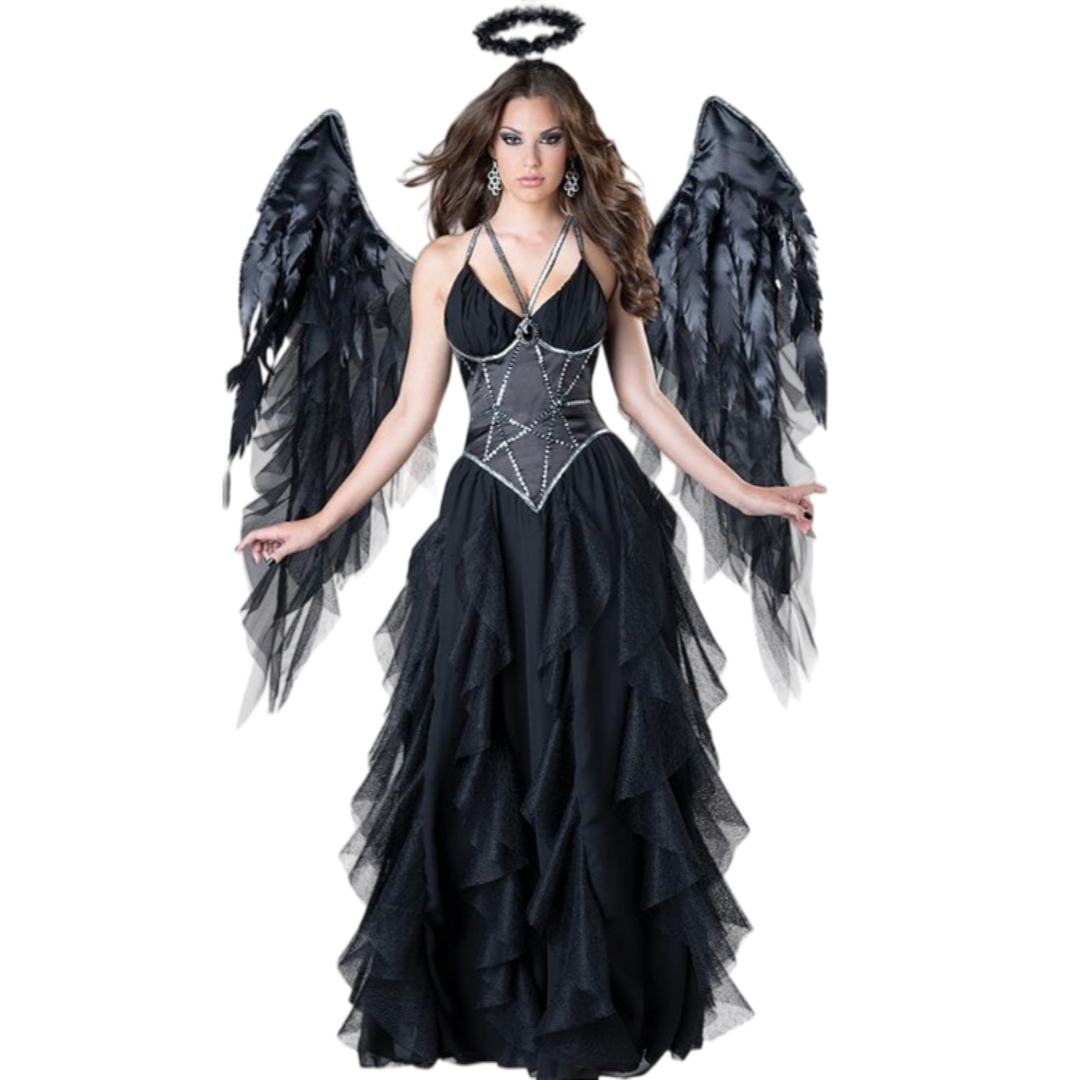 Dark Angel Costume Adult Fallen Angel Women Halloween Fancy Dress with Wings and Halo