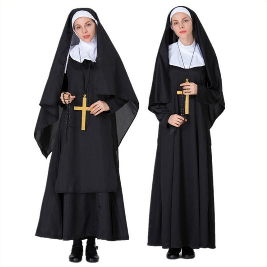 Nun Cosplay Dress Arabic Black Robe Masquerade Halloween Costume Set