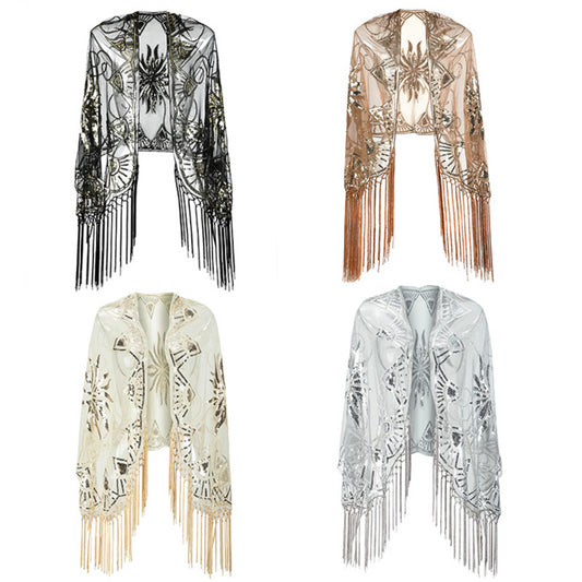 1920s Sequin Fringe Cape Shawl – Gatsby Flapper Wrap MEEJOY