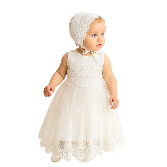 Elegant Lace Baby Christening Gown with Bonnet MEEJOY
