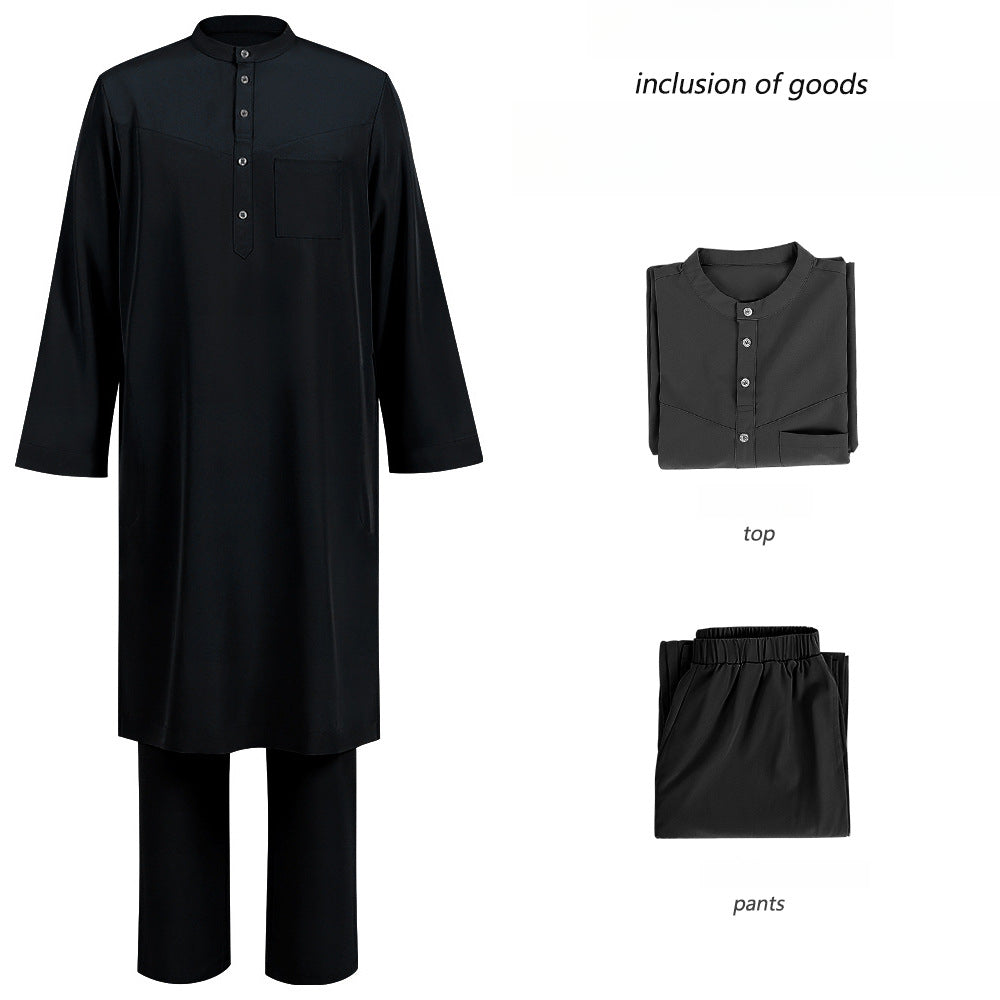 Men's Islamic Thobe Jubba Kandura Set with Sirwal Pants – Traditional Middle Eastern Muslim Robe Outfit Bisht