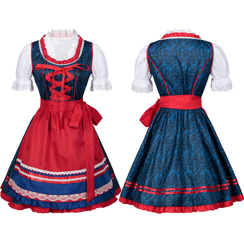 Women Dirndl Dress Bavarian German Traditional Oktoberfest Blue Floral Beer Dress