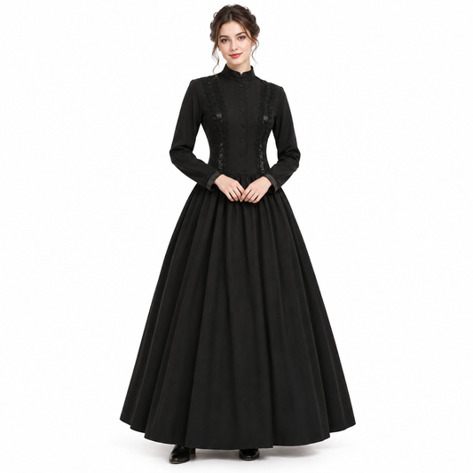 Women's Medieval High-Collar Ruffle-Hem Long Dress – Victorian Costume