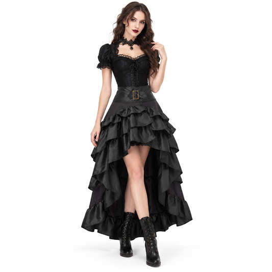 Women's Victorian Gothic High-Low Ruffle Skirt Steampunk Party Costume | MEEJOY
